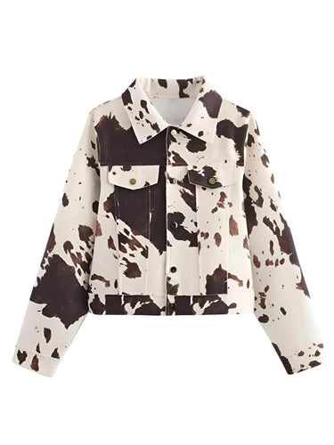 Cow print jacket on a white background